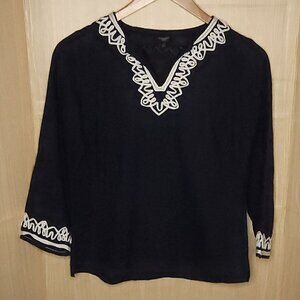 Talbots Petite Linen Navy White Embroidered Tunic SP